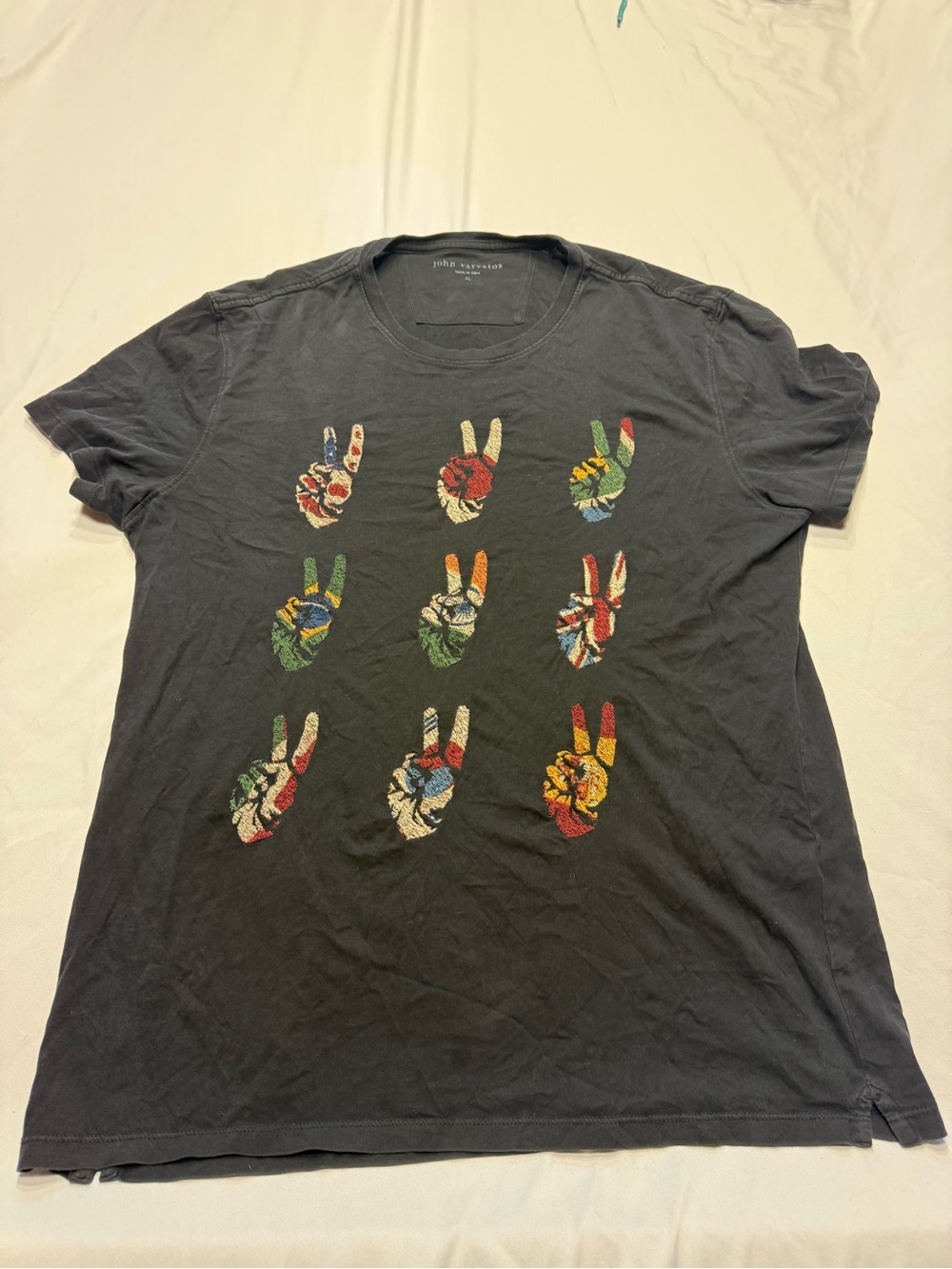 John Varvatos Black Short-Sleeve Tee with Multicolor Peace Sign Hands